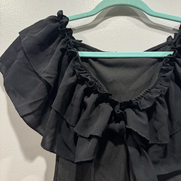 Top Ruffle Blouse Shirt Sleeveless Soft Stretch Black Girly Romantic Women Small - Picture 2 of 5